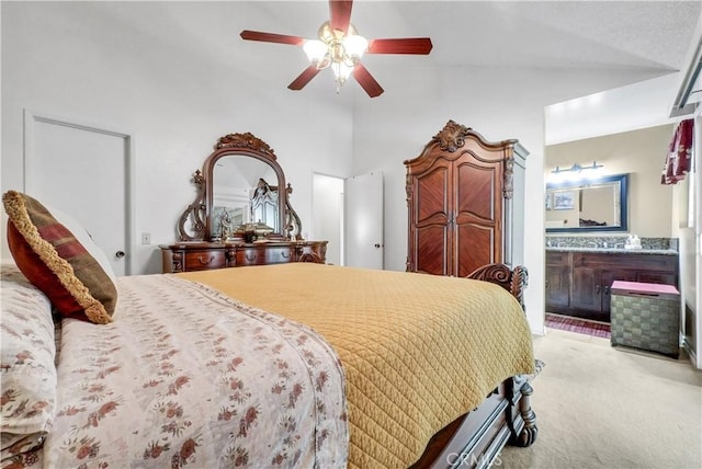 1135 Hampton Ct, San Dimas, CA 91773 - bedroom with light carpet, lofted ceiling, ceiling fan, and connected bathroom