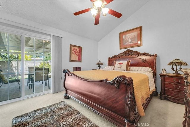 1135 Hampton Ct, San Dimas, CA 91773 - bedroom featuring carpet flooring, access to outside, vaulted ceiling, and ceiling fan