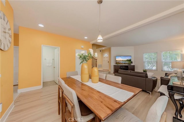 15034 Ocaso Ave, La Mirada, CA 90638 - dining area featuring light wood finished floors, recessed lighting, and beamed ceiling