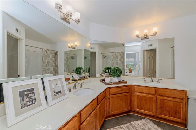 15034 Ocaso Ave, La Mirada, CA 90638 - full bath featuring a chandelier, double vanity, and a shower with shower curtain