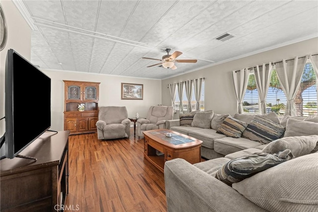 41050 Mohawk Cir, Cherry Valley, CA 92223 - living area with crown molding, a ceiling fan, and wood finished floors