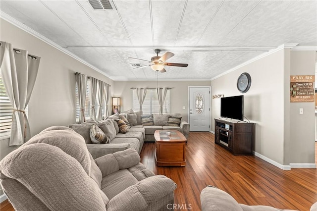 41050 Mohawk Cir, Cherry Valley, CA 92223 - living area featuring a ceiling fan, wood-type flooring, and ornamental molding