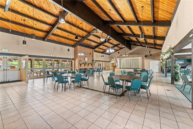 41050 Mohawk Cir, Cherry Valley, CA 92223 - dining area with a wooden ceiling with exposed beams, high vaulted ceiling, and light tile patterned floors