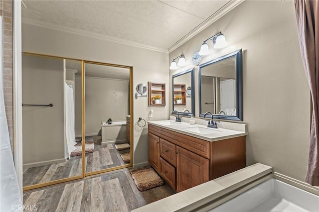 41050 Mohawk Cir, Cherry Valley, CA 92223 - bathroom with wood finished floors, double vanity, and ornamental molding