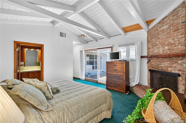 15747 Addison St, Encino, CA 91436 - bedroom featuring carpet, a fireplace, french doors, and wood ceiling