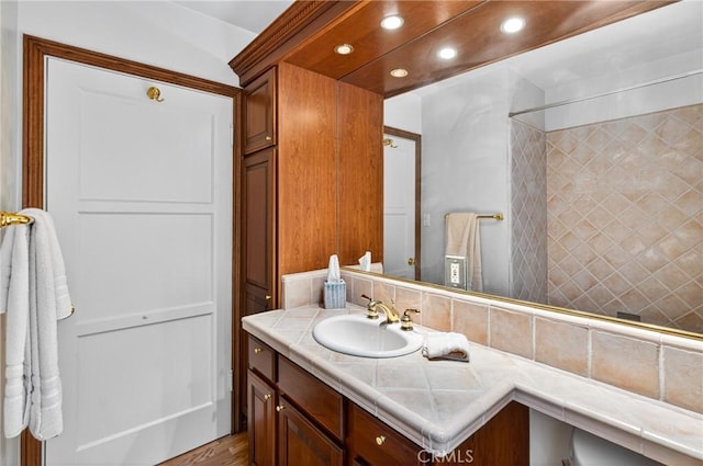 15747 Addison St, Encino, CA 91436 - full bathroom with vanity, recessed lighting, a shower, and wood finished floors