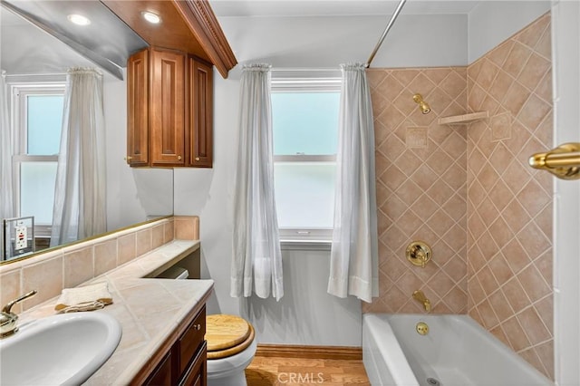 15747 Addison St, Encino, CA 91436 - bathroom featuring vanity, shower / tub combo with curtain, and wood finished floors