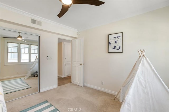 4320 W Kling St Unit 27, Burbank, CA 91505 - unfurnished bedroom with light carpet, crown molding, a closet, and a ceiling fan