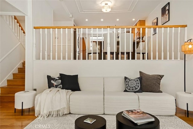 4320 W Kling St Unit 27, Burbank, CA 91505 - living area with stairway, wood finished floors, recessed lighting, and crown molding