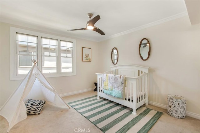 4320 W Kling St Unit 27, Burbank, CA 91505 - bedroom featuring light carpet, a nursery area, ornamental molding, and a ceiling fan