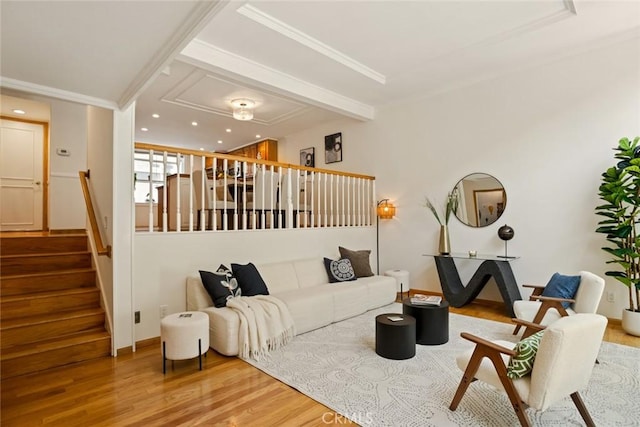 4320 W Kling St Unit 27, Burbank, CA 91505 - living room with wood finished floors, stairway, crown molding, and recessed lighting