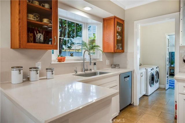 3935 Lime Ave, Long Beach, CA 90807 - kitchen with washing machine and clothes dryer, stainless steel dishwasher, glass insert cabinets, light countertops, and brown cabinets