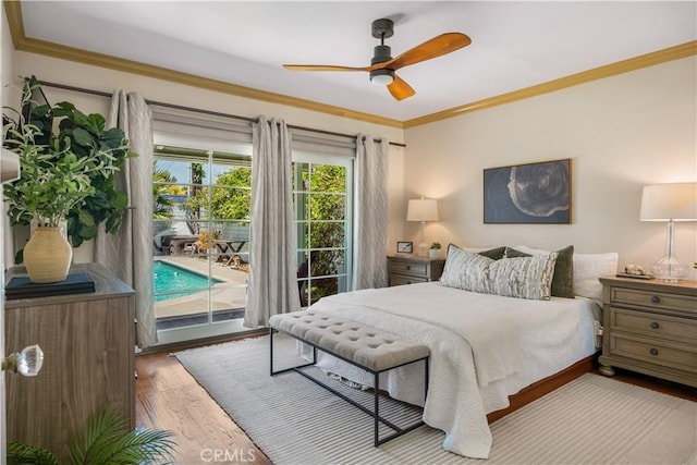 3935 Lime Ave, Long Beach, CA 90807 - bedroom featuring access to exterior, wood finished floors, ornamental molding, and ceiling fan