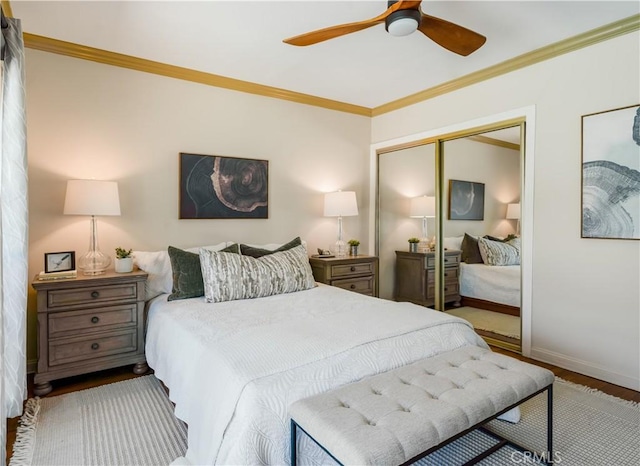 3935 Lime Ave, Long Beach, CA 90807 - bedroom with a closet, wood finished floors, ornamental molding, and ceiling fan