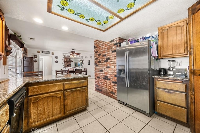 18043 Preston St, Hesperia, CA 92345 - kitchen featuring stainless steel refrigerator with ice dispenser, light tile patterned flooring, dishwasher, a peninsula, and ceiling fan