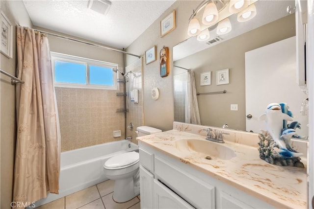 18043 Preston St, Hesperia, CA 92345 - bathroom with shower / bath combo with shower curtain, vanity, tile patterned flooring, and a textured ceiling