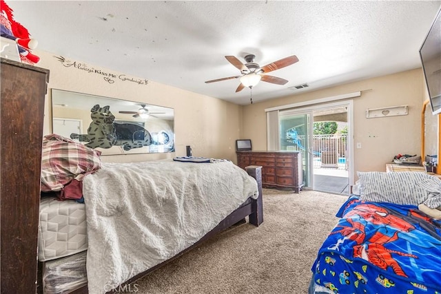 18043 Preston St, Hesperia, CA 92345 - bedroom featuring carpet, access to exterior, a ceiling fan, and a textured ceiling