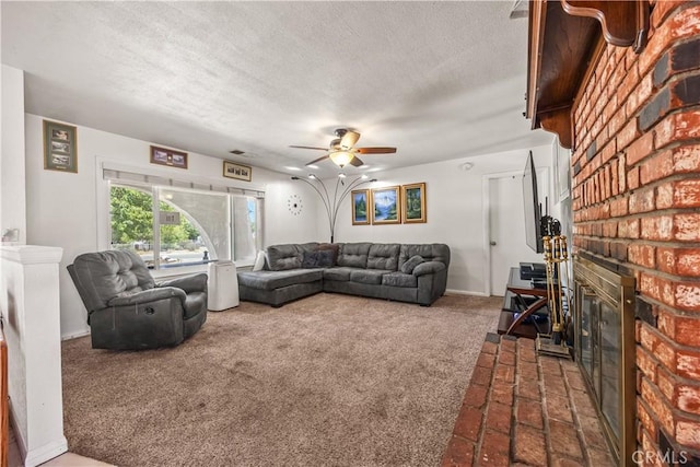 18043 Preston St, Hesperia, CA 92345 - carpeted living room featuring a brick fireplace, a textured ceiling, and a ceiling fan