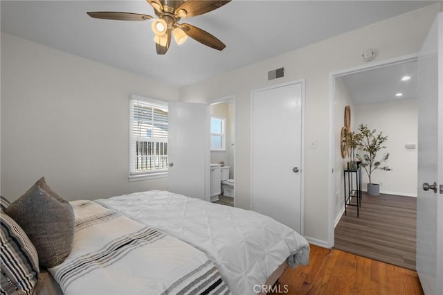 5527 Elmbank Rd, Rancho Palos Verdes, CA 90275 - bedroom with wood finished floors, a ceiling fan, ensuite bathroom, and recessed lighting