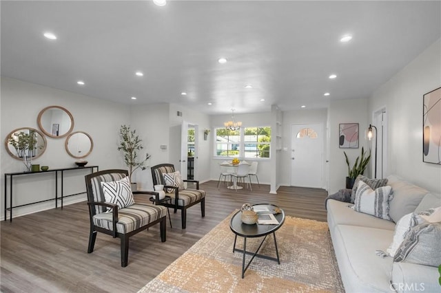 5527 Elmbank Rd, Rancho Palos Verdes, CA 90275 - living area with a chandelier, wood finished floors, and recessed lighting