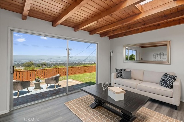 5527 Elmbank Rd, Rancho Palos Verdes, CA 90275 - living area featuring wood finished floors, a wood ceiling with exposed beams, and a mountain view