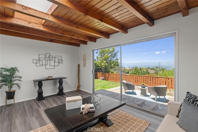 5527 Elmbank Rd, Rancho Palos Verdes, CA 90275 - living area with wood finished floors and a wooden ceiling with exposed beams