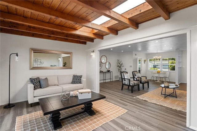5527 Elmbank Rd, Rancho Palos Verdes, CA 90275 - living room with wood finished floors, a wood ceiling with exposed beams, a chandelier, and recessed lighting
