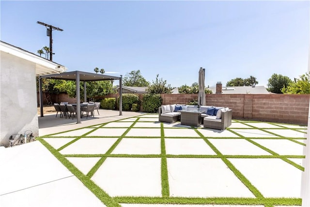 16652 Itasca St, Northridge, CA 91343 - fenced backyard featuring outdoor lounge area, a patio, a gazebo, and outdoor dining space