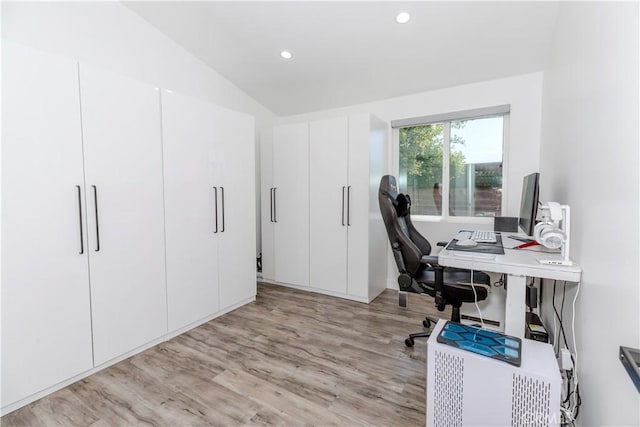 16652 Itasca St, Northridge, CA 91343 - office area featuring light wood-type flooring, lofted ceiling, and recessed lighting