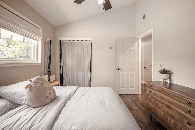 26616 Balerna Dr, Saugus, CA 91350 - bedroom with lofted ceiling, dark wood-type flooring, and ceiling fan
