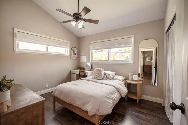 26616 Balerna Dr, Saugus, CA 91350 - bedroom featuring dark wood-style flooring, vaulted ceiling, and ceiling fan