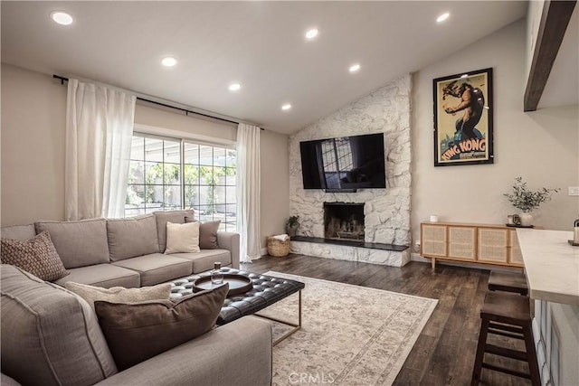 26616 Balerna Dr, Saugus, CA 91350 - living area with vaulted ceiling, recessed lighting, dark wood-type flooring, and a fireplace