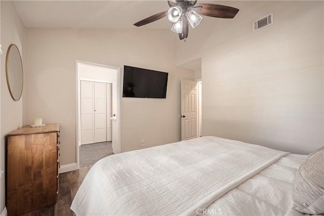 26616 Balerna Dr, Saugus, CA 91350 - bedroom featuring wood finished floors, vaulted ceiling, and ceiling fan