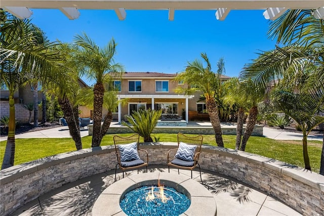 3959 Paseo Ln, Cresta, Corona, CA 92881 - back of property with a fire pit, stucco siding, a patio area, and a yard