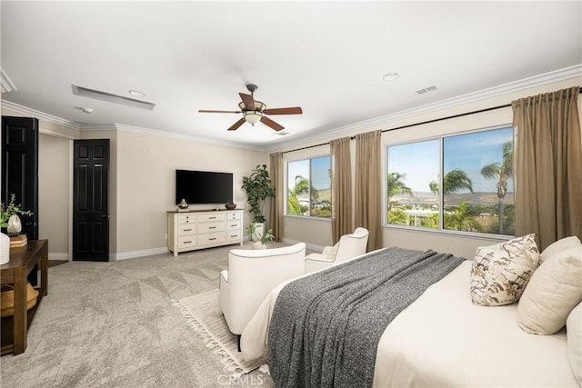 3959 Paseo Ln, Cresta, Corona, CA 92881 - bedroom with light colored carpet, ornamental molding, and a ceiling fan