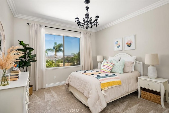 3959 Paseo Ln, Cresta, Corona, CA 92881 - bedroom featuring light carpet, ornamental molding, and a chandelier