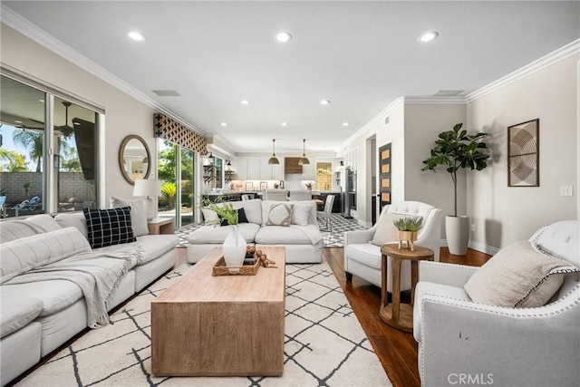 3959 Paseo Ln, Cresta, Corona, CA 92881 - living area featuring light wood finished floors, recessed lighting, and ornamental molding