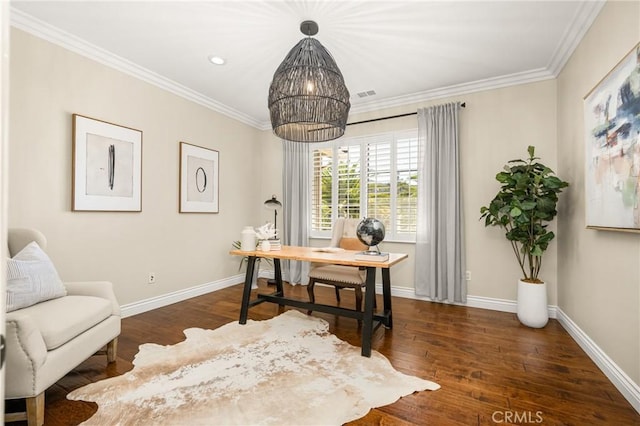 3959 Paseo Ln, Cresta, Corona, CA 92881 - office space featuring crown molding, a chandelier, hardwood / wood-style floors, and recessed lighting