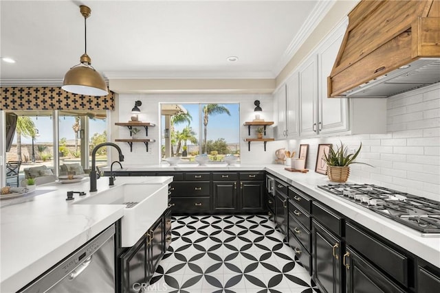 3959 Paseo Ln, Cresta, Corona, CA 92881 - kitchen with appliances with stainless steel finishes, open shelves, dark cabinets, custom exhaust hood, and ornamental molding