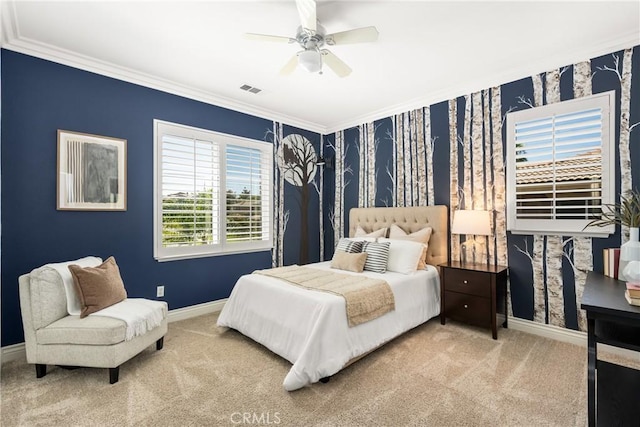 3959 Paseo Ln, Cresta, Corona, CA 92881 - bedroom featuring carpet flooring, crown molding, ceiling fan, and wallpapered walls