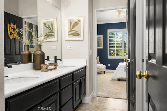 3959 Paseo Ln, Cresta, Corona, CA 92881 - bathroom featuring double vanity, crown molding, ensuite bath, and tile patterned flooring