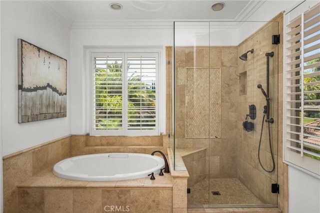 3959 Paseo Ln, Cresta, Corona, CA 92881 - bathroom featuring a garden tub, plenty of natural light, a stall shower, and ornamental molding