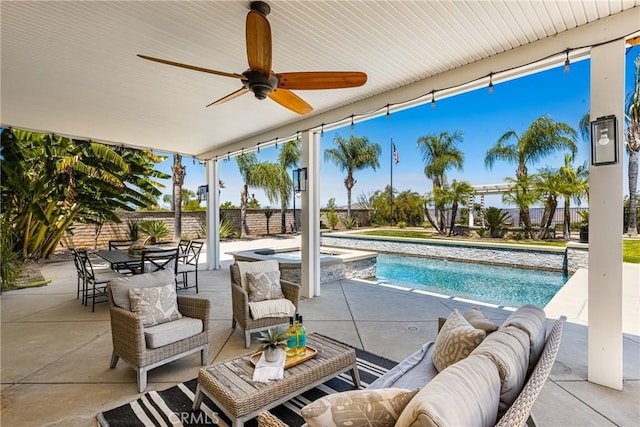 3959 Paseo Ln, Cresta, Corona, CA 92881 - view of swimming pool featuring a patio, an outdoor hangout area, ceiling fan, and a fenced backyard