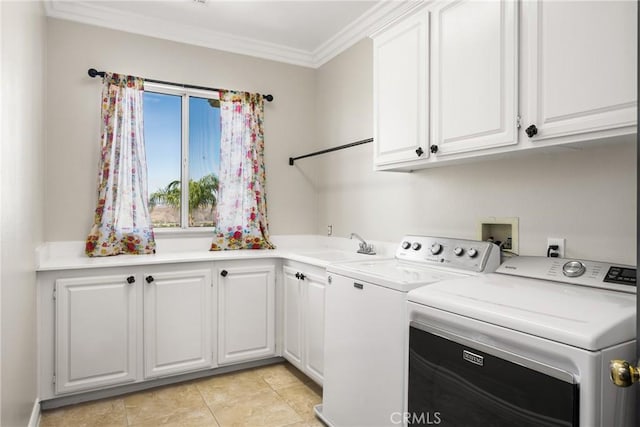 3959 Paseo Ln, Cresta, Corona, CA 92881 - washroom with washer and clothes dryer, cabinet space, ornamental molding, and light tile patterned flooring