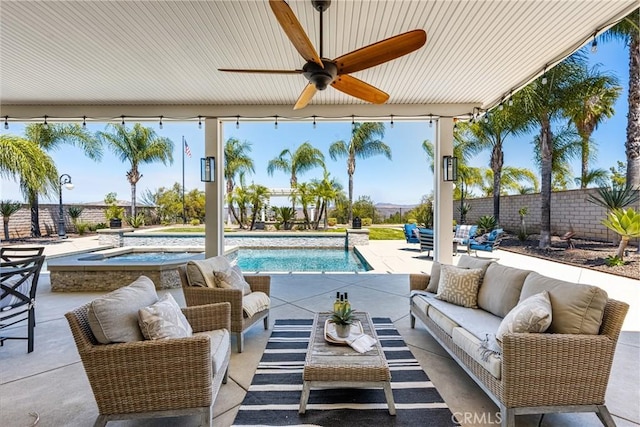 3959 Paseo Ln, Cresta, Corona, CA 92881 - view of swimming pool with an outdoor hangout area, a ceiling fan, a patio area, and a pool with connected hot tub