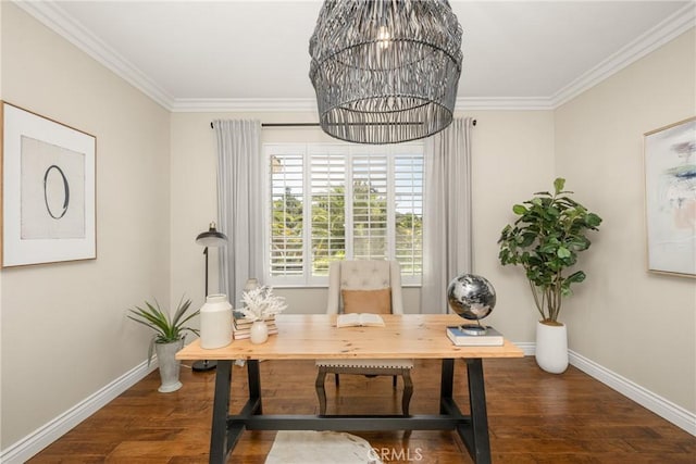 3959 Paseo Ln, Cresta, Corona, CA 92881 - office area featuring crown molding, wood finished floors, and a chandelier