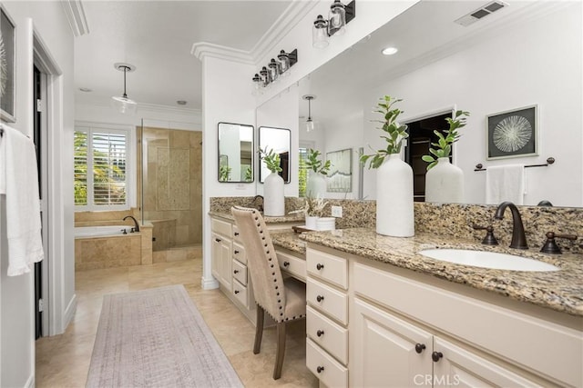 3959 Paseo Ln, Cresta, Corona, CA 92881 - full bath featuring vanity, tiled shower, a bath, crown molding, and recessed lighting