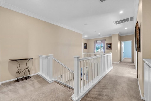 16461 Medinah St, Fontana, CA 92336 - hall with carpet flooring, an upstairs landing, ornamental molding, and recessed lighting