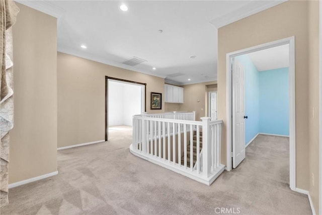 16461 Medinah St, Fontana, CA 92336 - hall featuring light colored carpet, ornamental molding, and recessed lighting