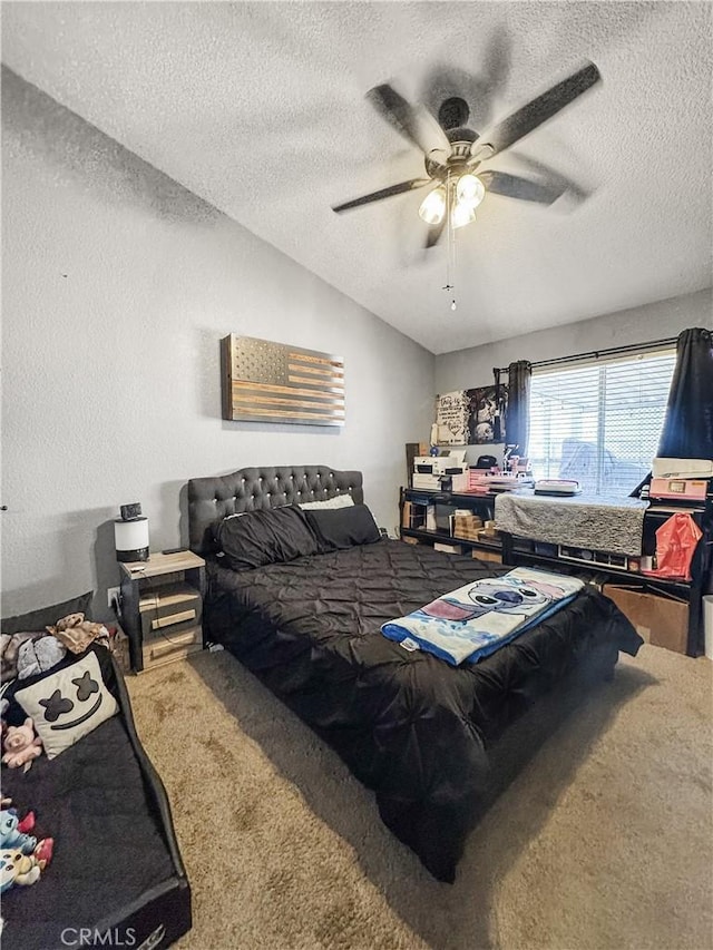 204 Shaded Palm, Blythe, CA 92225 - bedroom featuring carpet, a textured ceiling, a ceiling fan, and lofted ceiling